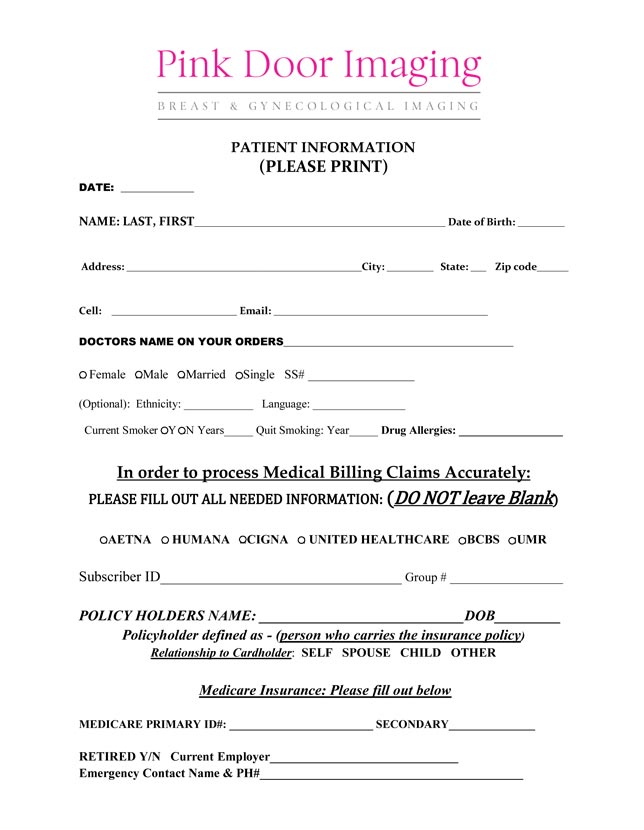 Image of Patient Information Record Form