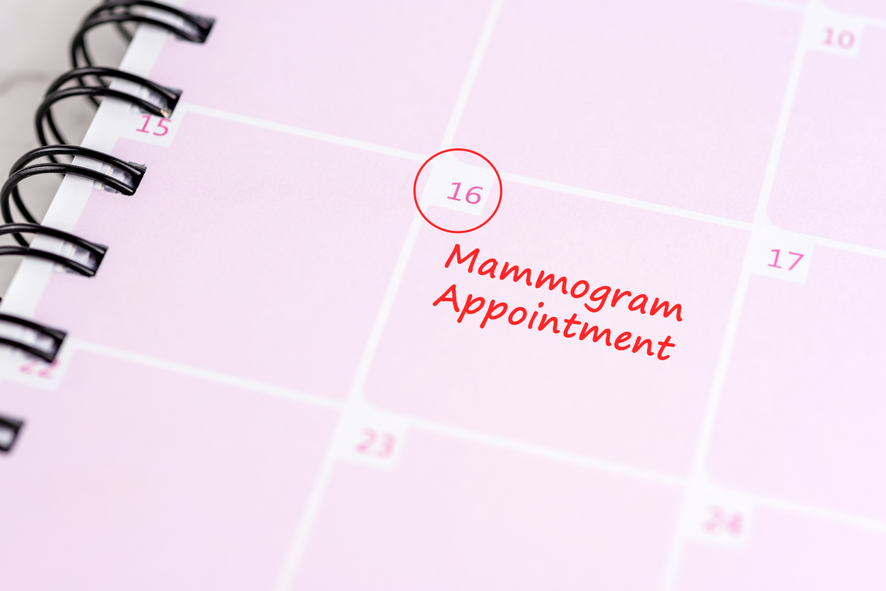 The image shows a "mammogram appointment" noted on a calendar and shows what to know ahead if your first mammogram.